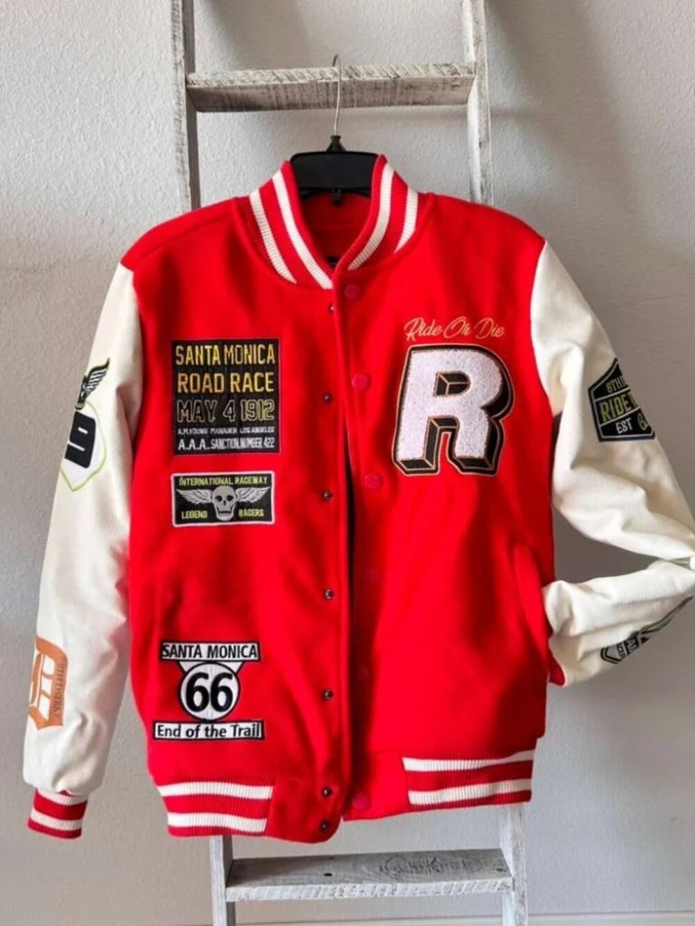 Men’s Ride Or Die Road Race Red Varsity Letterman Jacket Red And White Size S